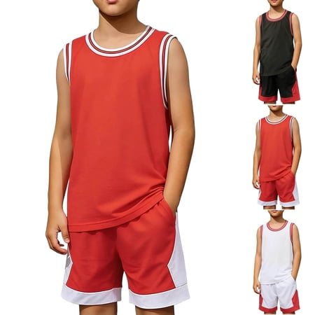 WAVSUF Boys Activewear Outfits Quick Dry Tank Tops and Short with Pockets Summer Basketball Outdoor Sets 2 Piece Black Size 7-8