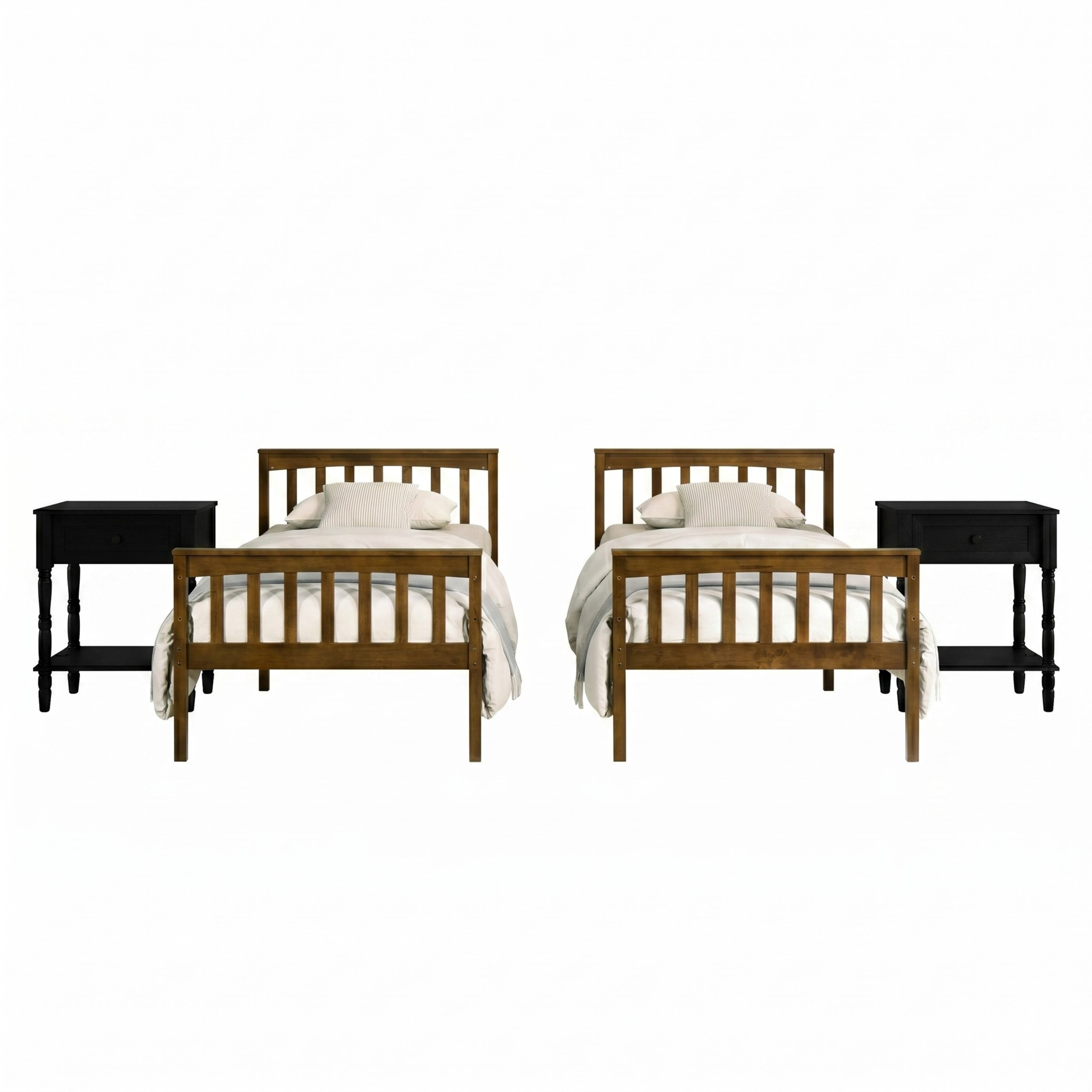 Home Design Ames Twin Over Twin Solid Wood Bunk Bed with 2 Ruston Nightstand – 3-Piece Space-Saving Bedroom Set, Brown/ Black