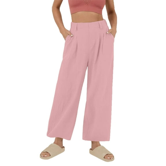 Kvture Women High Waist Linen Palazzo Pants Fall Casual Wide Leg Trousers Loose Work Office Business Suit Pant Pockets Pink M