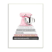 The Stupell Home Decor Grey Pink and Black Fashion Bookstack with Pink Mixer Wall Plaque Art