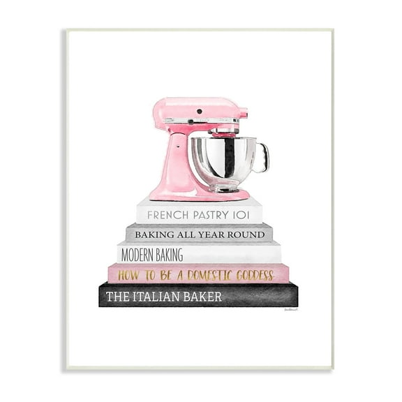 The Stupell Home Decor Grey Pink and Black Fashion Bookstack with Pink Mixer Wall Plaque Art