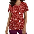 thumbnail image 2 of Xfvqtps Christmas Scrub Tops for Women Soft V-Neck Scrubs Comfortable Nursing Uniforms Christmas Printed Short Sleeve Top Protective Clothing Working Uniforms with Pockets Red, 2 of 5
