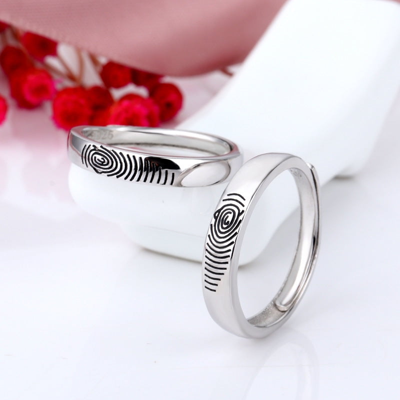 Sterling Silver Couple Rings, 925 Silver Fingerprint Live Mouth Fashion Rings for Couples, Seiko Processed, 5.01g, His and Hers Matching Promise Rings