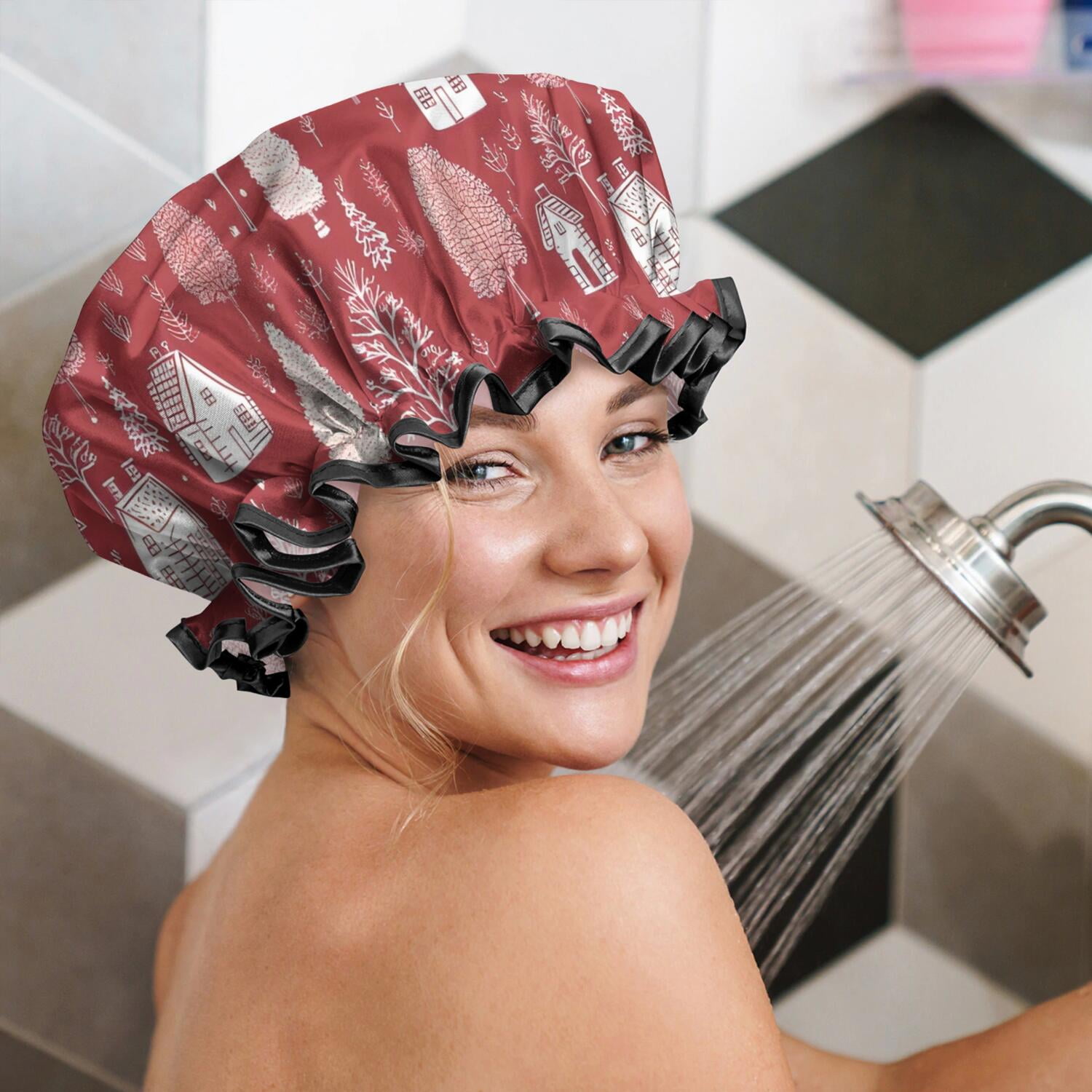 Shower Caps,Red Christmas Village Pattern Waterproof Shower Cap for Women 4 Pieces,Double Reusable Hair Cover for Shower PEVA Elastic Stretch Hem