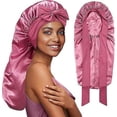 thumbnail image 1 of Gorro de satén, gorro de seda para dormir para mujer, gorro de pelo largo, gorro de doble capa con banda para atar para cabello rizado, gorro para dormir de 25,9 pulgadas, rosa, 1 of 3