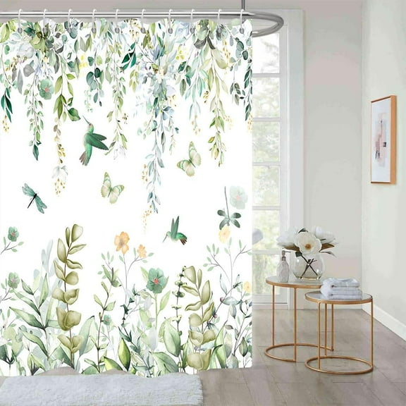 Fabric Shower Curtain Sets Sage Green Eucalyptus Leaves Shower Curtain Watercolor Floral Flower Bird Shower Curtains Hummingbird Butterfly Modern Aesthetic Bathroom Curtain Set Decor with Hooks