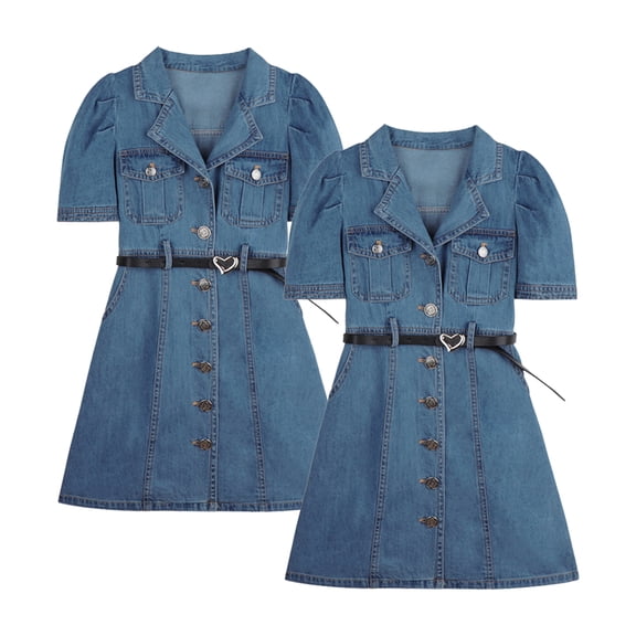 LYMAYTER 2-8Y Toddler Girls Summer Clothing V-Neck Button Ruffled Sleeve Denim Dress Babywear