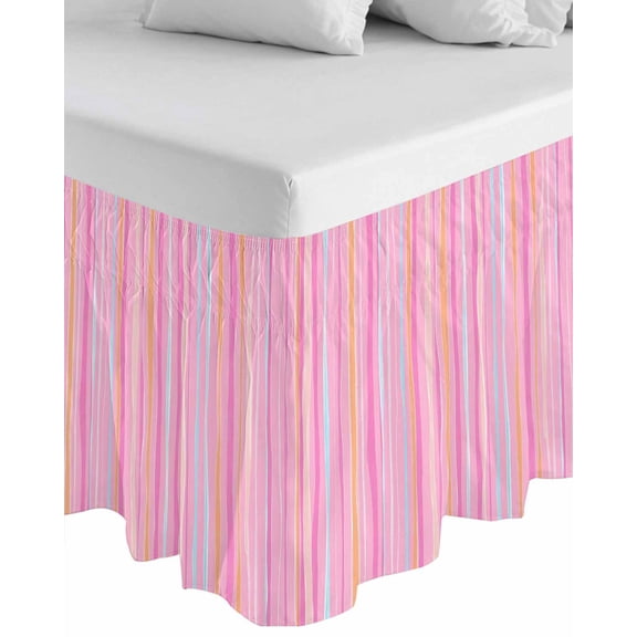 Pink Orange Blue Stripe Wrap Around Bed Skirts for King Bed 16" Drop,Bed Skirt with Adjustable Elastic Belt Dust Ruffle Bed Valance for Bedroom Modern Abstract Art Striped Farmhouse Bed Frame Cover