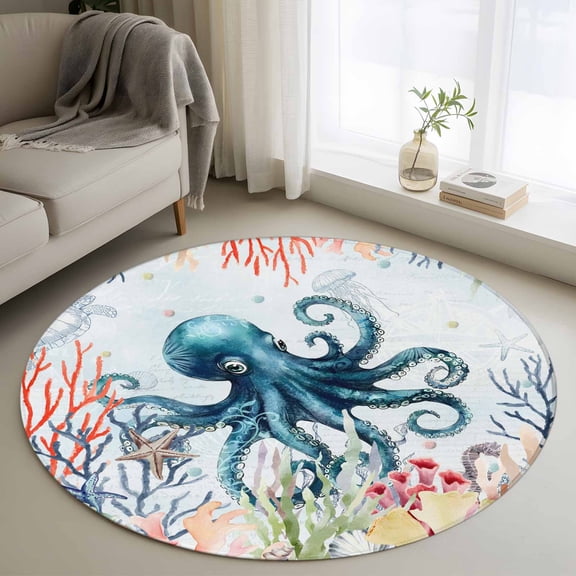 Coastal Nautical Octopus Round Area Rug 3Ft Washable Small Circle Rugs for Kitchen Entryway, Oceans Corals Starfish Jellyfish Non-Slip Carpet Floor Mats Indoor Outdoor Carpet Runner Home Decor