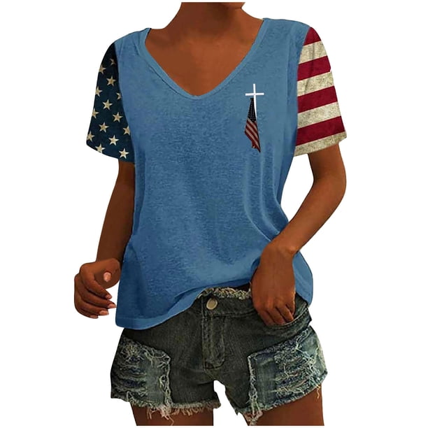 Tops Cortos para las Mujeres Día de la Independencia Patriótica Impreso Cuello en V, Manga Corta Top Casual para Diario, Fiesta Y Todas las Estaciones