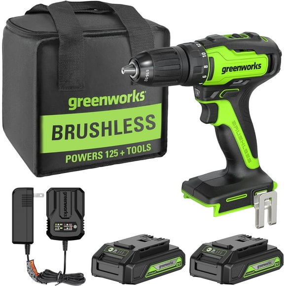 Greenworks 24V Perceuse Sans Balais / Pilote, 2 Batteries et Chargeur Inclus