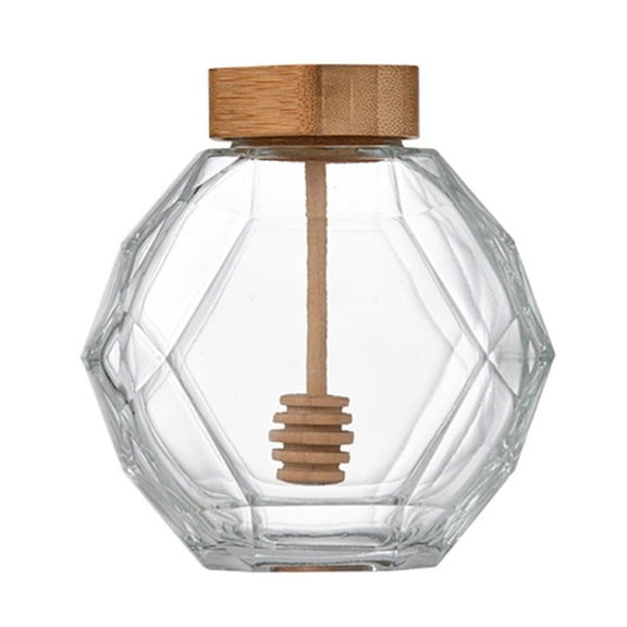 Ame Hexagon Shape Honey Pot, Glass Honey Jar, with Wooden Dipper And Cork Lid Cover for Home Kitchen, Clear