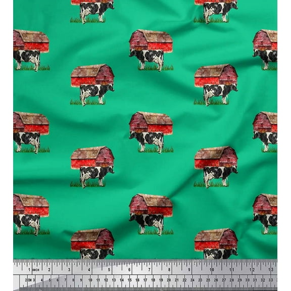 Soimoi Green Cotton Duck Fabric Barn & Cow Farm Printed Fabric 1 Yard 44 Inch Wide