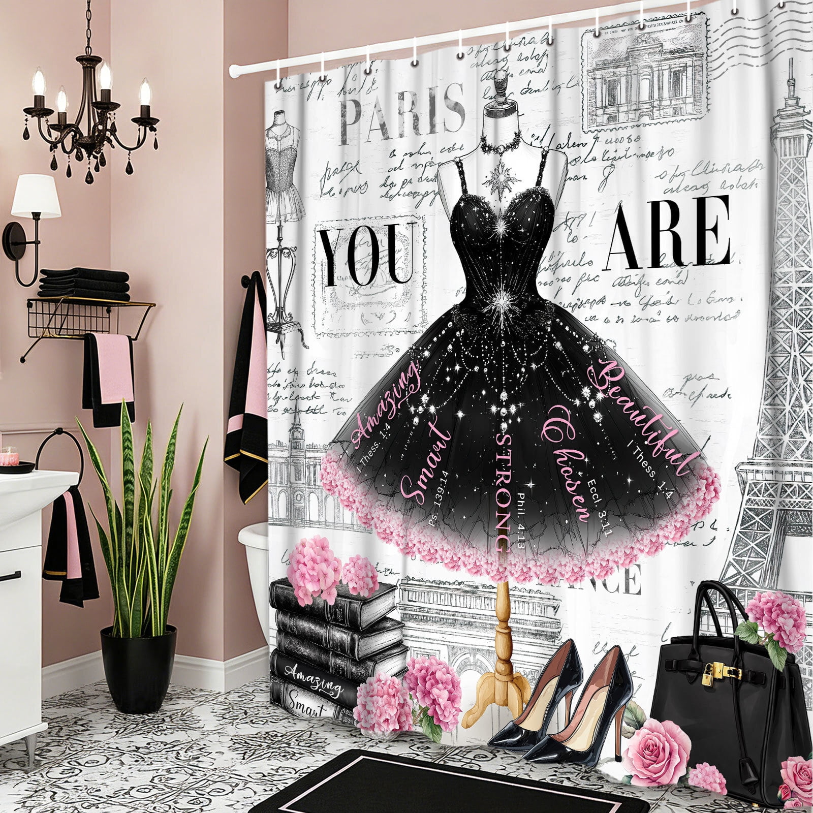 Black Girly Dress Shower Curtain, Fashion Modern Ballet for Girls Women Bath Curtain, Eiffel Tower Paris Perfume High Heels Makeup Bathroom Decor Fabric Polyester Waterproof with Hooks,60X70in