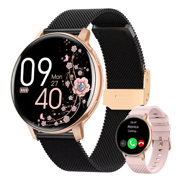 Aimiuvei Reloj Inteligente Mujer Con Llamada, 1,38 Smartwatch Mujer S55 Seguimiento Del Periodo, 120+ Sports Mods, Pulsómetro, Monitor Sueño, Podómetro For Android Ios Negro Oro, Regalo Mujer