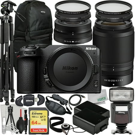 Nikon Z30 Mirrorless Camera with 16-50mm & 50-250mm Lenses + Deluxe Accessory Bundle: SanDisk 64GB Extreme SDXC  Universal Speedlite  60” Tripod  2x Batteries & Much More (33pc Bundle)