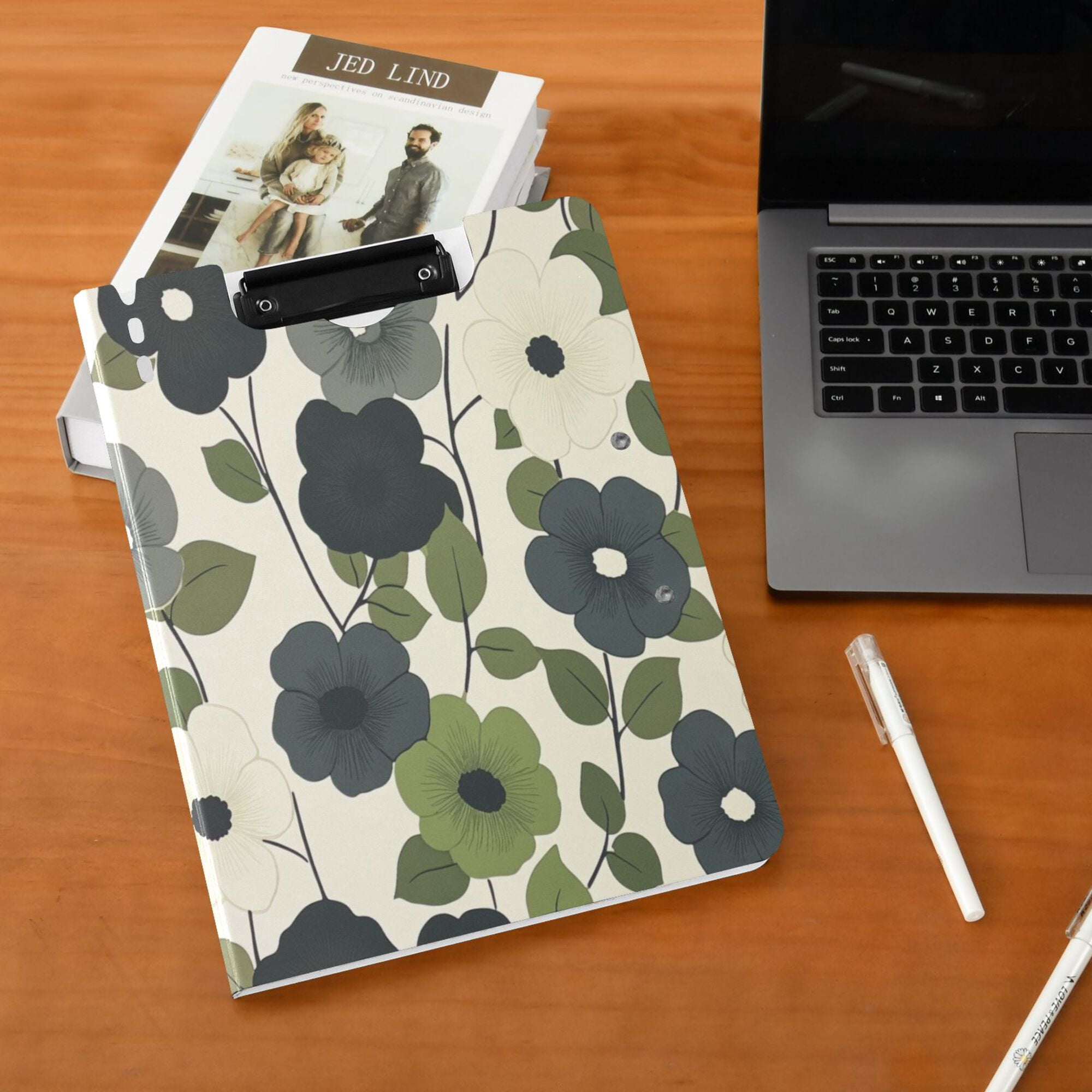 FORMRS A4 Clipboard Folder with Pen Holder Horizontal Foldable School Office Binder, Navy Flower