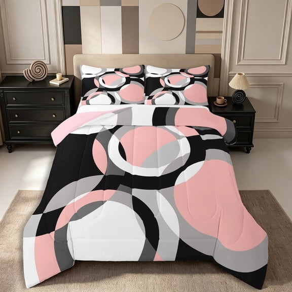 Castle Fairy Minimalist Circle Full Size Comforter Sets 3-Piece,Mid Century Ring Shape Bedding Comforter Set,Pink Gray Black White,Reversible,1 Comforter and 2 Pillowcases