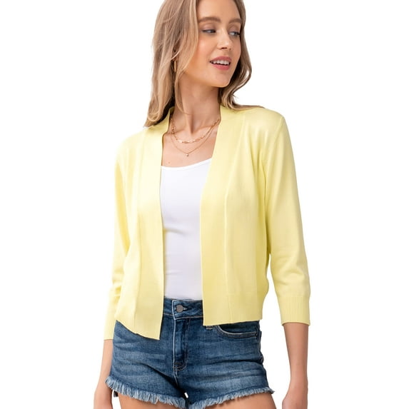 URBAN DAIZY Women's Classic 3/4 Sleeve Crop Bolero Cardigan Open Front Cropped Shrugs Knit Sweater A09_620 LemonYellow L