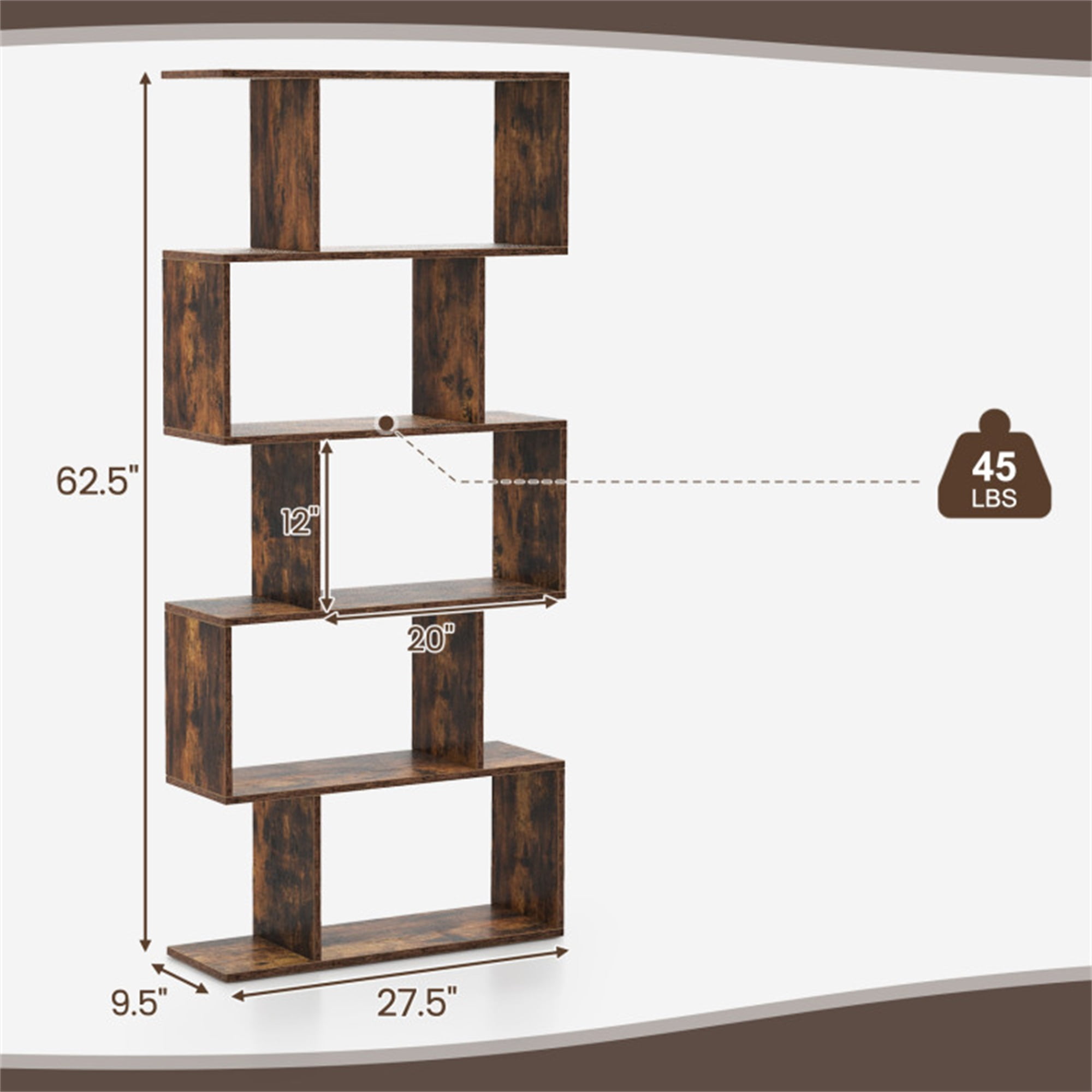 Demi Bonn 5-Tier Bookshelf with Anti-Toppling Device, Bookcase for Living Room Home Office, Brown