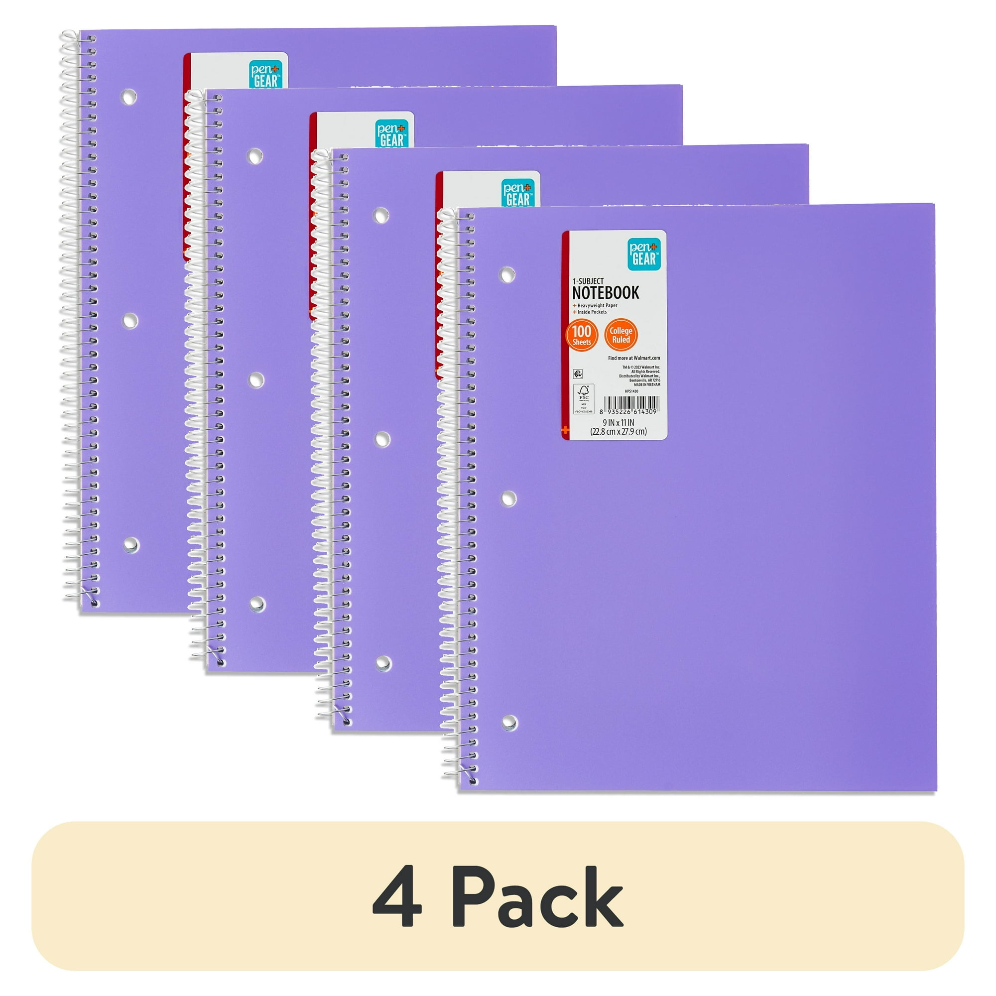 (4 pack) Pen+Gear Poly 1-Subject College Ruled Notebook with Inside Pockets, 9 in x 11 in, Purple, 100 Heavyweight Sheets