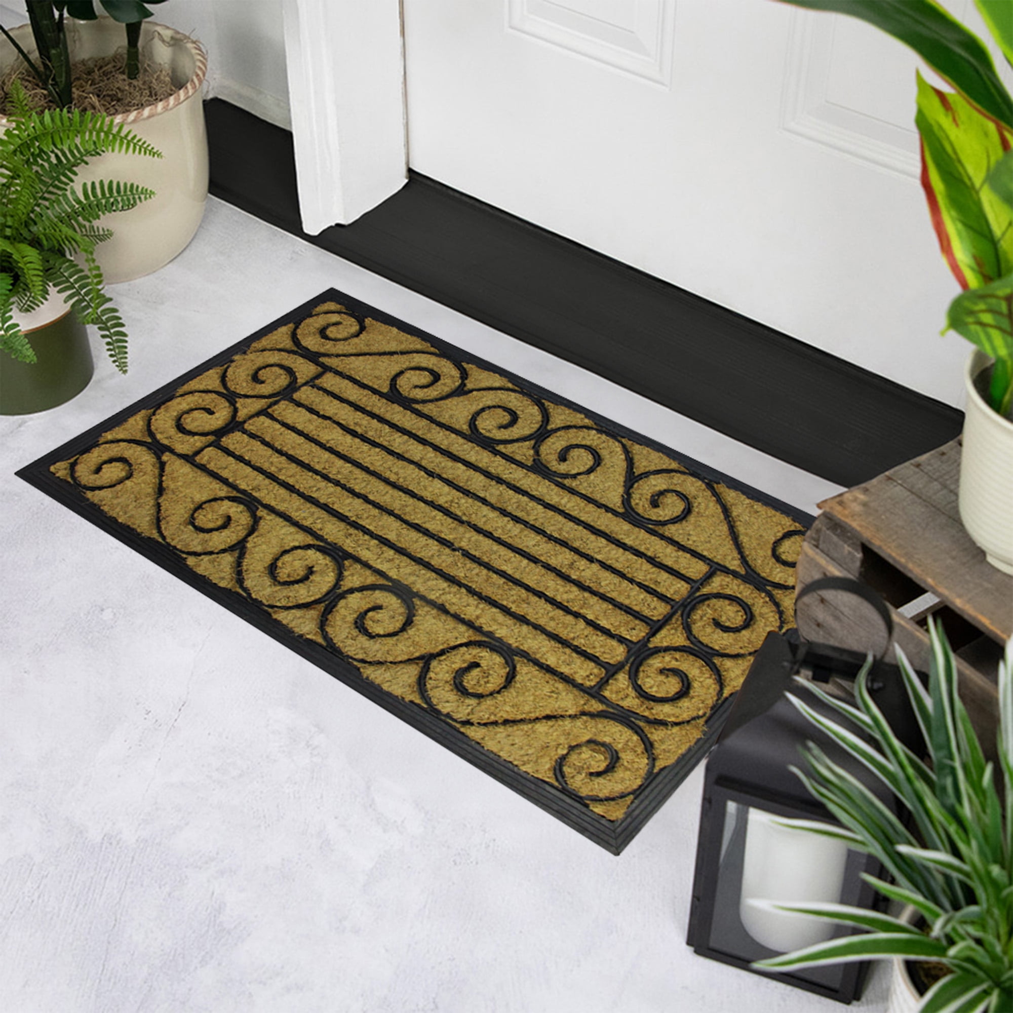 Decorative Black Rubber and Coir Outdoor Rectangular Door Mat 29.5" x 17.75"