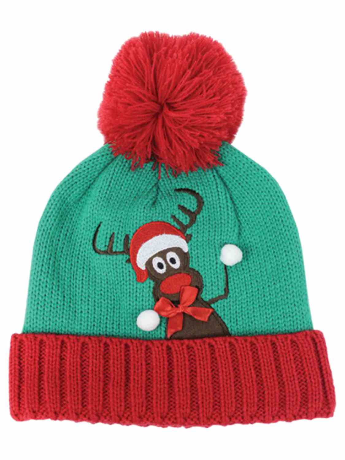 D&Y - David & Young Womens Green Pom Reindeer Holiday Beanie Hat Knit