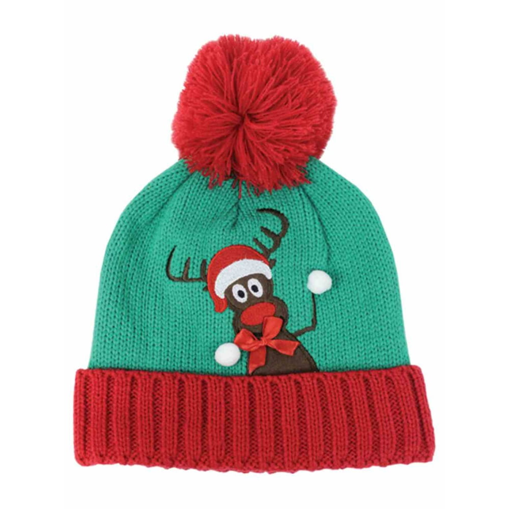 D&Y David & Young Womens Green Pom Reindeer Holiday Beanie Hat Knit Christmas Beanie