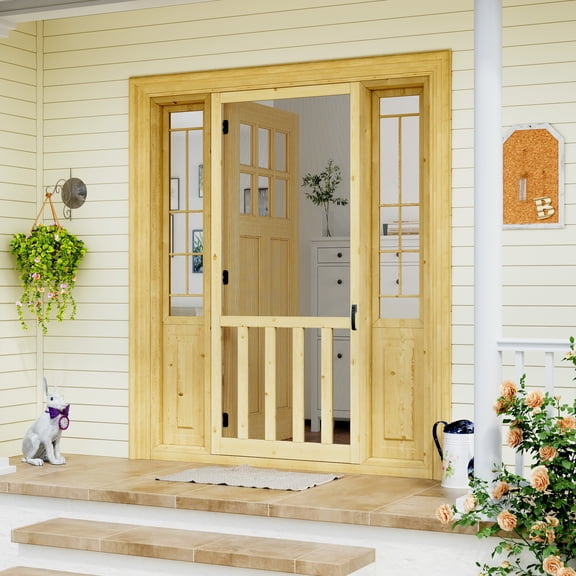 30" x 80" Screen Door Exterior Door Front Door Pine Wood Paintable Anti Insect Animal Kid Friendly Including Screen Door Handle & Auto Closer Kit