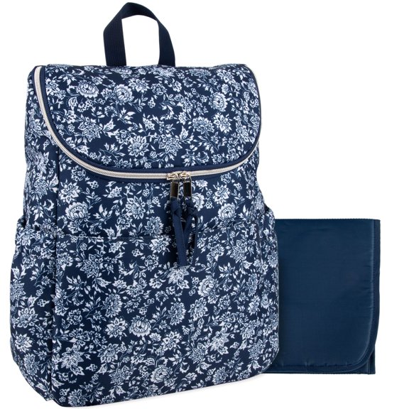 Baby Essentials Diaper Bag Backpack, 2 Piece Set with Matching Changing Pad, Stroller Straps in Navy Blue Floral