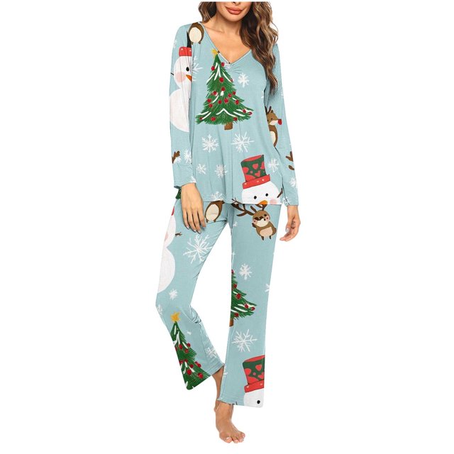 Puntoco Conjuntos de pijama cómodos para mujer Conjunto de pijama informal con cuello en V y pantalones largos con estampado navideño para mujer