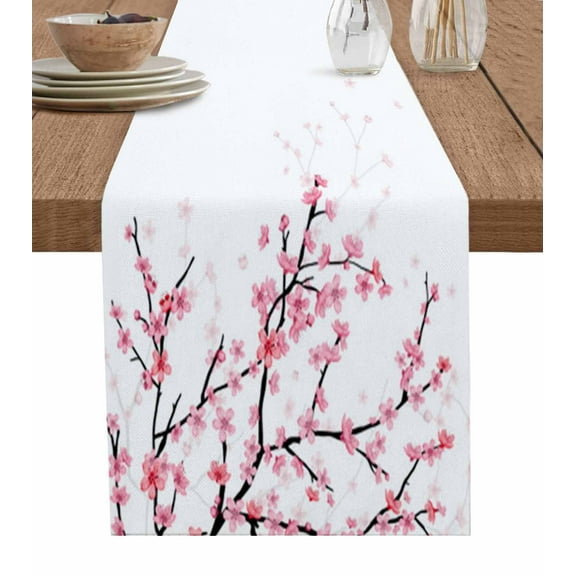 Table Runner Dresser Scarves 90 Inch Long, Spring Pink Cherry Blossom Flowers Linen Dining Table Runners Floral Tree Branch on White Tabletop Scarf for Wedding Holiday Party Kitchen