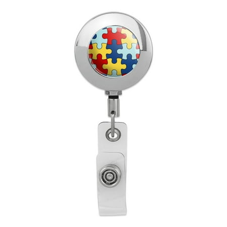 Metal Retractable Reel Autism Awareness Diversity Puzzle Pieces Retractable Reel Premium Metal Chrome Badge ID Card Holder Clip ()
