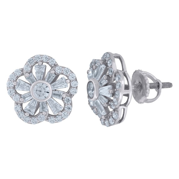 925 Sterling Silver Womens Baguette Round Cubic Zirconia Flower Fashion Stud Earrings 12.1mm Wide Stud Earring for Women