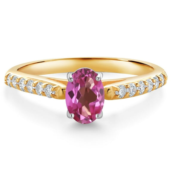 Gem Stone King 10K Two Tone Gold Pink Mystic Topaz and White Lab Grown Diamond Engagement Ring for Women (0.98 Cttw, Gemstone November Birthstone, Oval 7X5MM, Size 8)