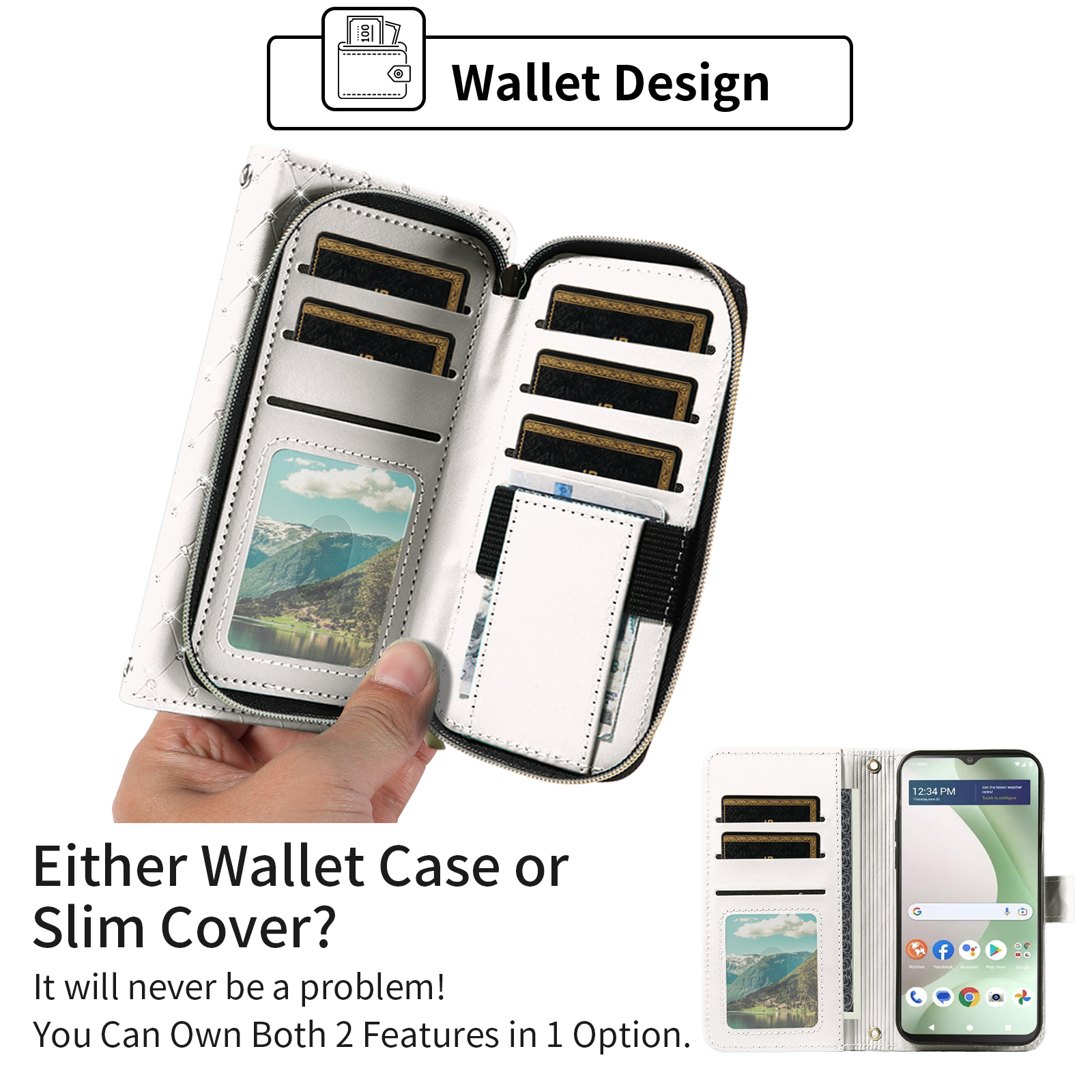 Compatible with Tracfone BLU View 5 B160V Wallet Phone Case Tempered Glass Screen Protector Bling Crossbody Lanyard Strap Flip Zipper Purse Card Holder Cell Cover for BLUE View5 160V 2024 Women White