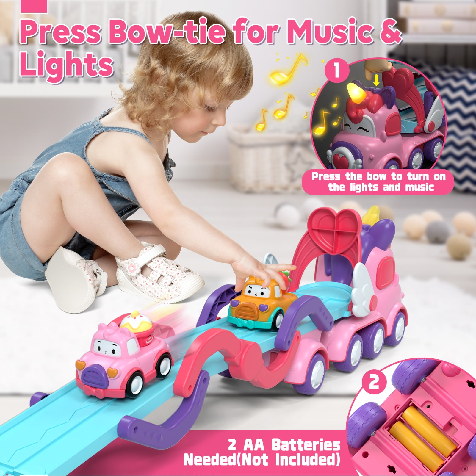 Toddler Girl Toys, 7-in-1 Toy Cars for Girls with Lights & Music, 2 Year Old Girl Toys, Unicorn Toys, Car Carrier Truck Toy, Toys for 1 2 3 Year Old Girls