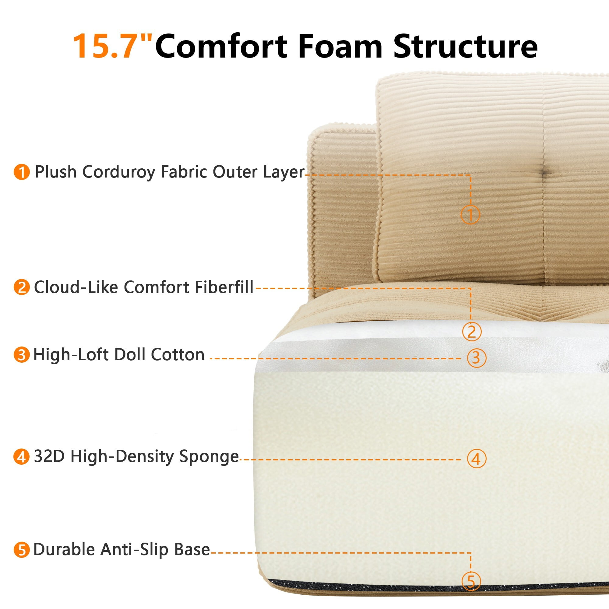 DEALTOPS Oversized Corduroy Loveseat, Sponge Filler Deep Seat 2-Seater Sofa for Living Room, No Assembly Needed, Camel