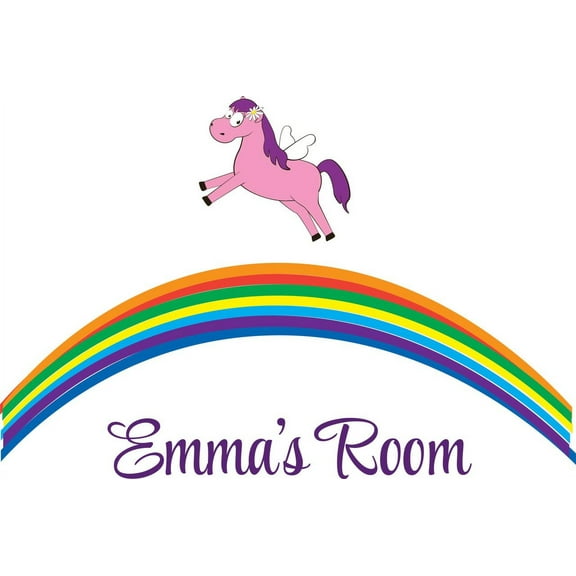Personalized Name Vinyl Decal Sticker Custom Initial Wall Art Personalization Decor Rainbow And Unicorn Pony Fairytale Cartoon 12 Inches X 16 Inches