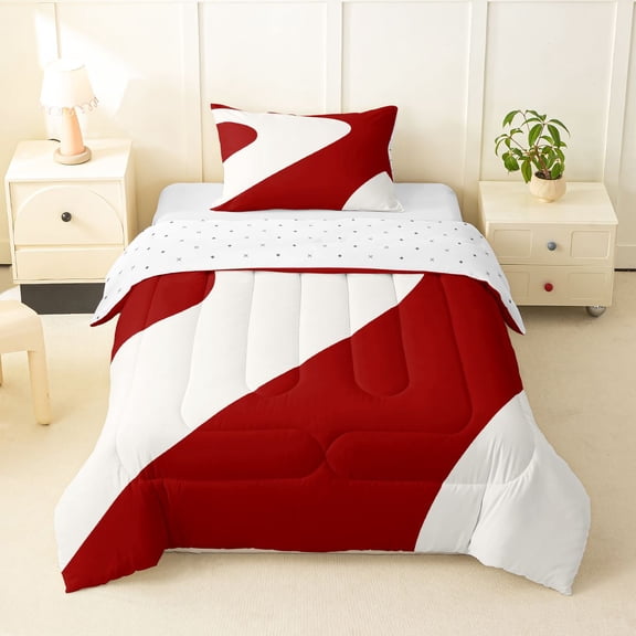 Homewish Wavy Stripes Twin Comforter Sets,Abstract Artwork Bedding Set,Red,Reversible,2pcs,1 Comforter and 1 Pillowcase