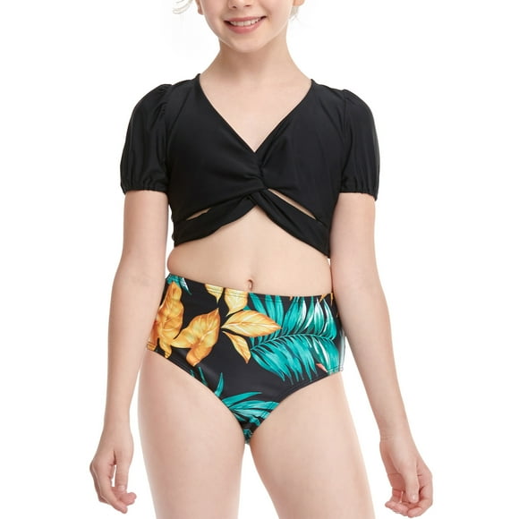 Dvkptbk Swimwear Women Cover Ups for Swimwear Women Fashion Girls Bikini High waist Children Pringting Puff Sleeve Split Swimsuit