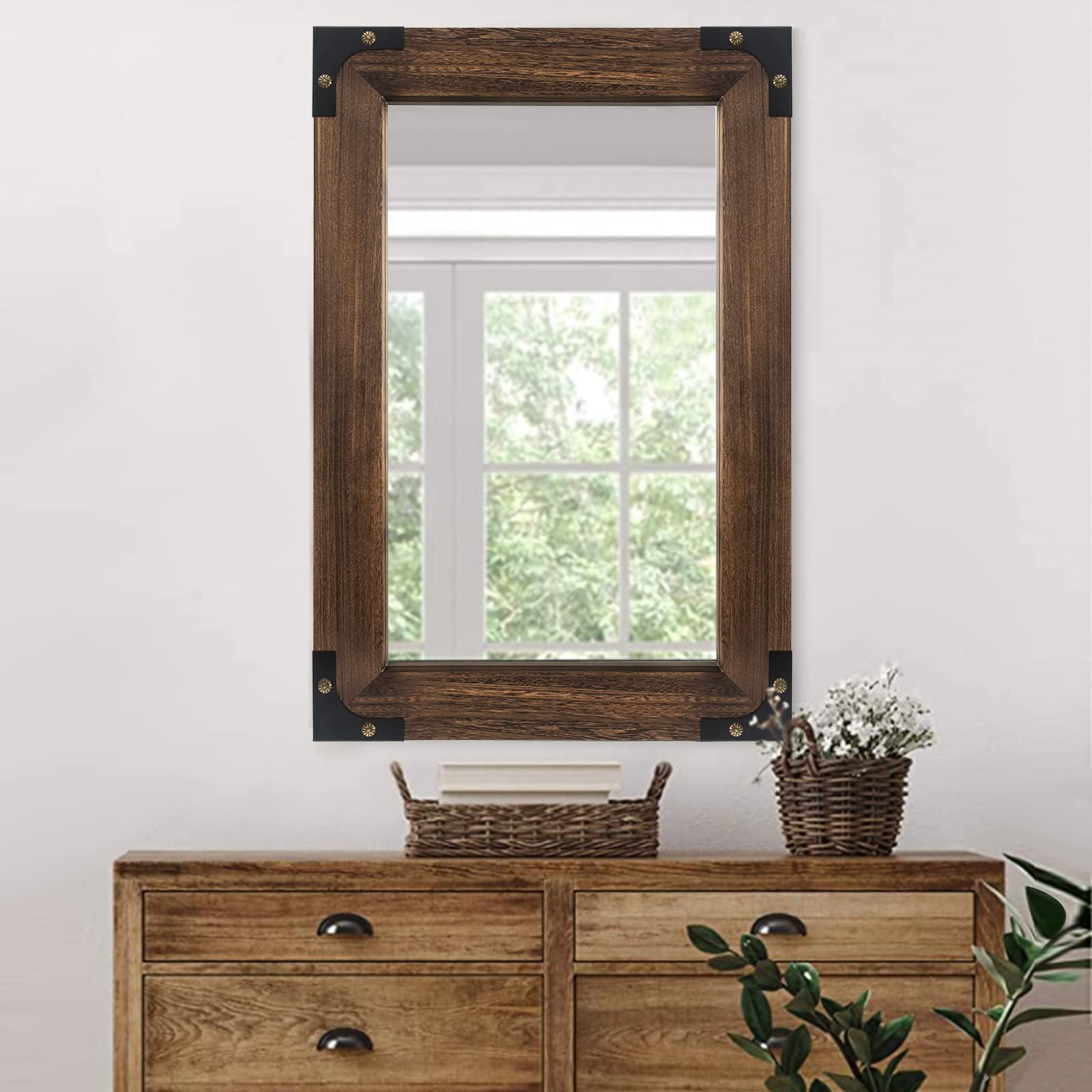 Blue Page Rustic Bathroom Mirror 26x40 Inch Large Wood Frame Vanity Iron