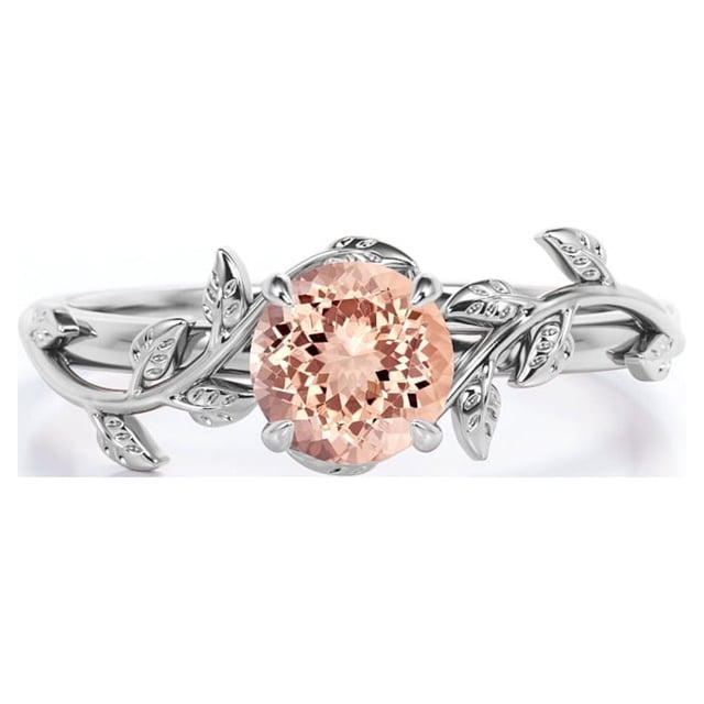 JeenMata Anillo de Compromiso Solitario con Diseño de Hojas de Morganita Creada en Laboratorio de 0,50 Quilates Chapado en Oro Blanco de 18 K sobre Plata