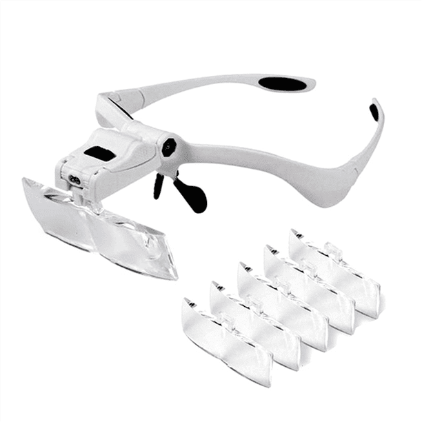 Gafas con Diadema Iluminadas con LED, Lupa con 5 Lentes Intercambiables de 1,0X/1,5X/2,0X/2,5X/3,5 X para Reparación de Herramientas y Lectura