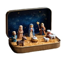 Miniature Nativity Scene Set with Figurines and Decorative Tin Box for Tabletop Display Holiday Ornament,Christmas Party Gifts And Decor