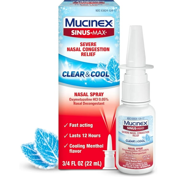 Mucinex Sinus-Max Nasal Spray Decongestant, 12 Hour Over-The-Counter Medication Nose Spray for Sinus Relief, Nasal Decongestants For Adults & Sinus Congestion, Cooling Menthol, 0.75 Fl Oz