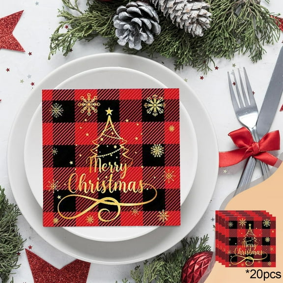 AuroraX Merry Christmas Paper Napkins Bulk Red and Black Checkered 20 Pcs Christmas Paper Napkins Soft Eco-Friendly Natural Disposable Party Napkins for Guests Family Gatherings Wedding