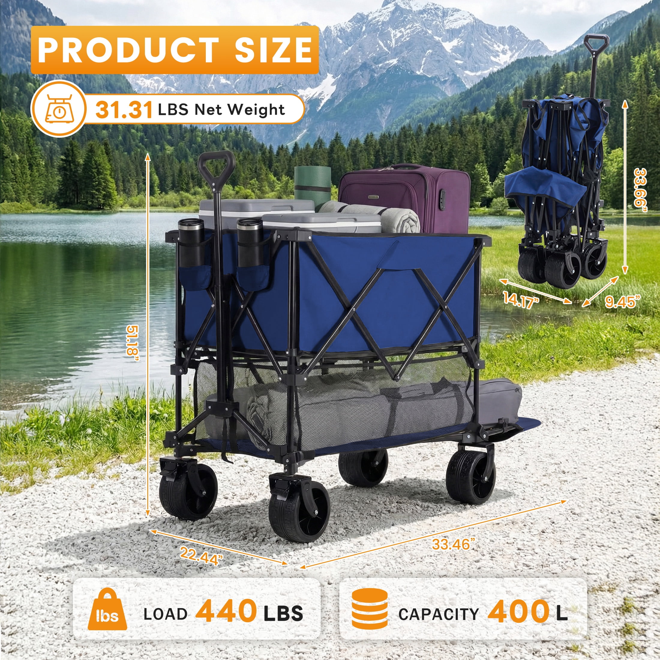 edx Large Capacity Folding Double Decker Wagon with Brakes, 54" Extra Long Extended Wagon, Equipped with 7" All-Terrain Big Wheels for Camping, Sports, Beach