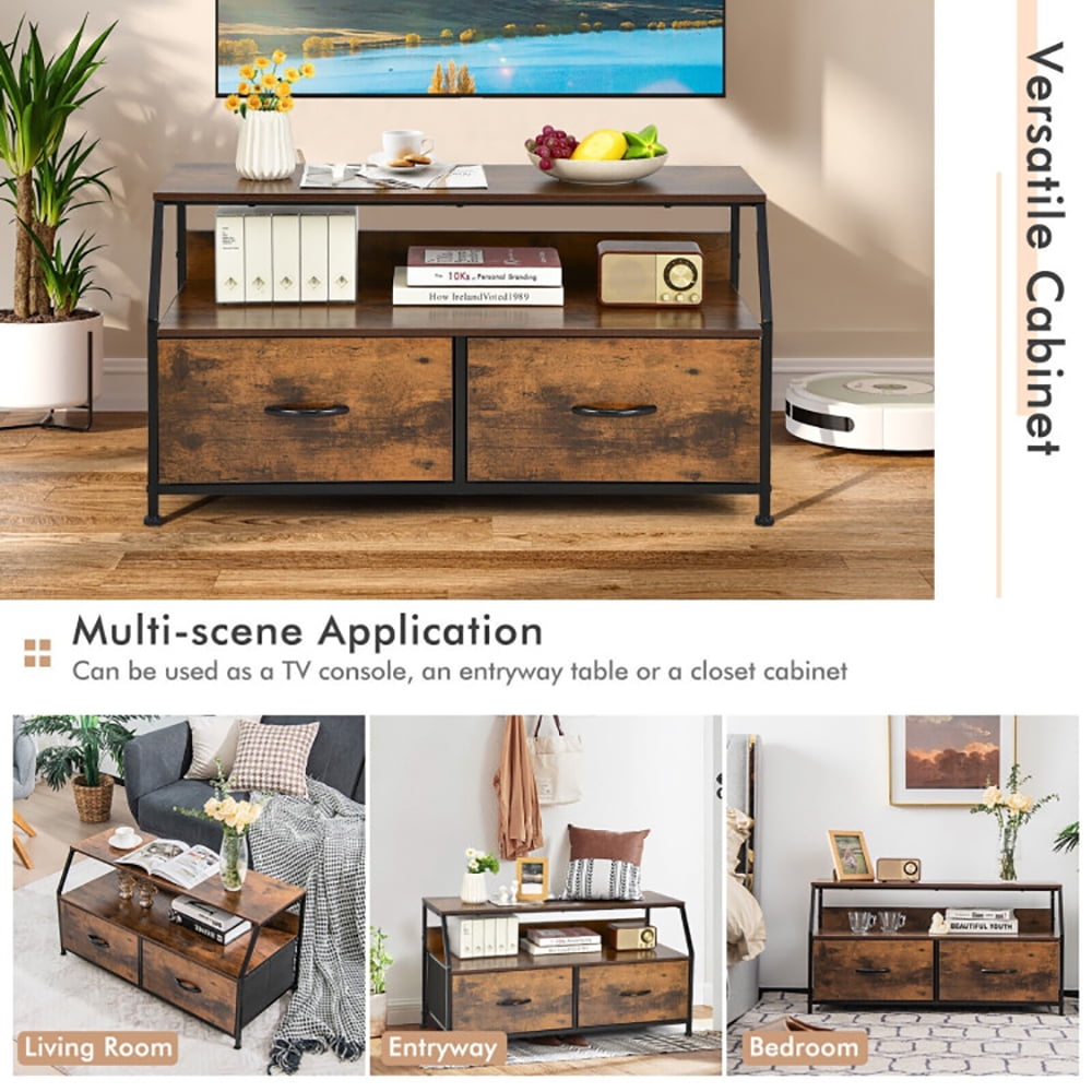 Finihen TV Stand, TV Cabinet, Dresser TV Stand with 2 Folding Fabric Drawers and Open Shelves, for Living Room, Bedroom, Rustic Brown