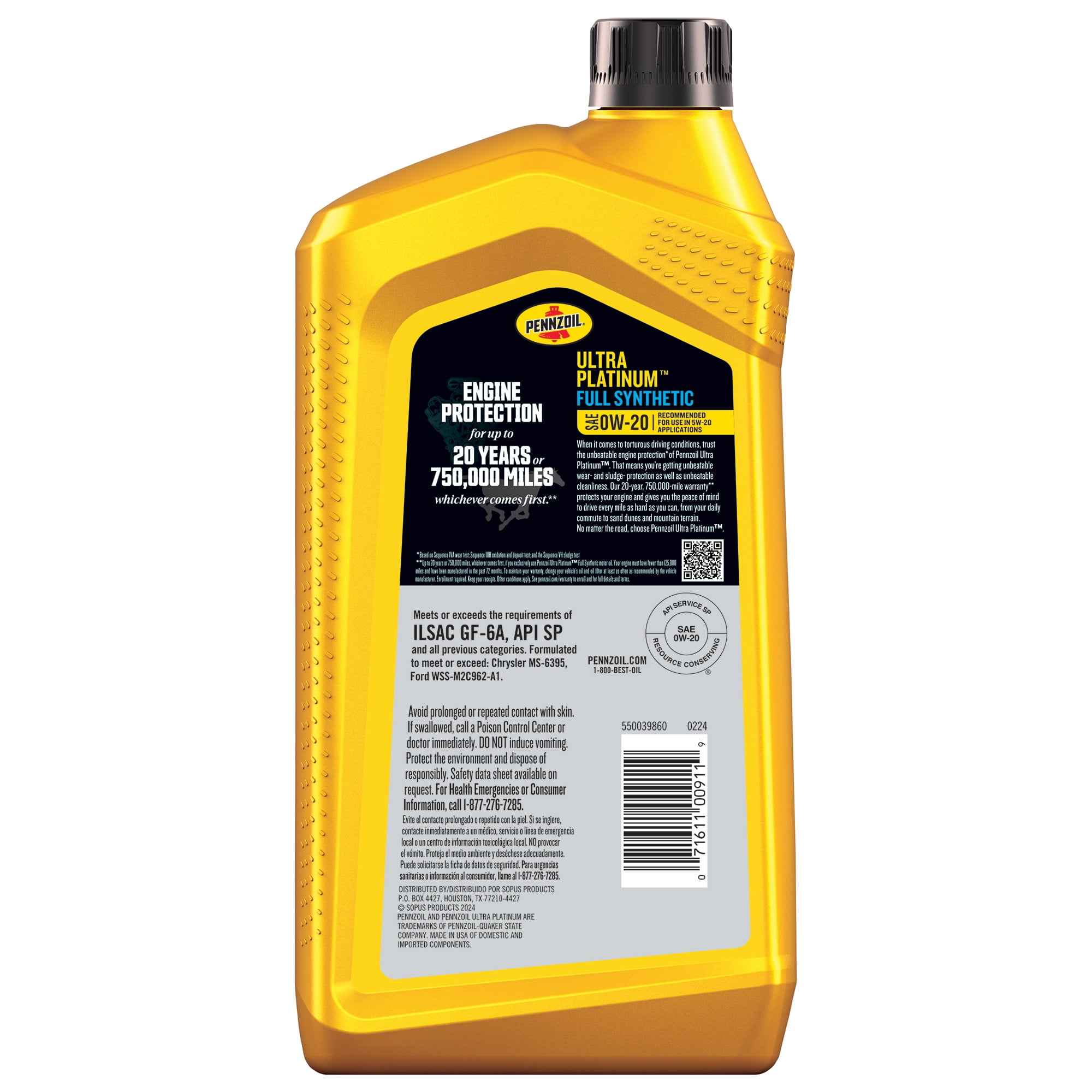 Pennzoil Ultra Platinum Full Synthetic 0W-20 Motor Oil, 1